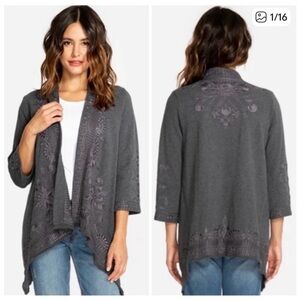 Johnny Was Charcoal Gray Embroidered Open-Front Cardigan